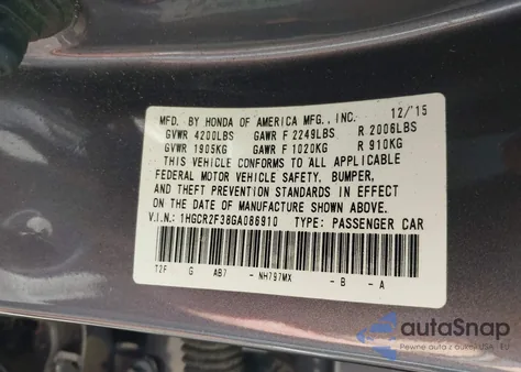 2016 Honda Accord Lx z USA, uszkodzony, nr VIN 1HGCR2F38GA086910